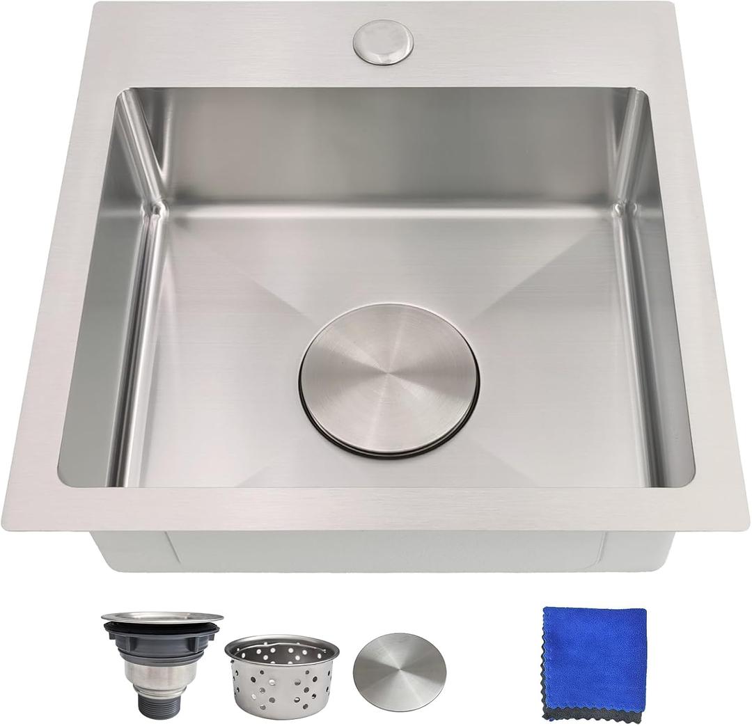 15 Inch Bar Sink Drop In - Delironexu 18 Gauge Stainless Steel Small Kitchen Sink, 15"x15" Single Bowl Square Wet Bar with Brushed Finish for Outdoor, RV, and Prep Use, 15x15x5.5 Single Bowl Topmount