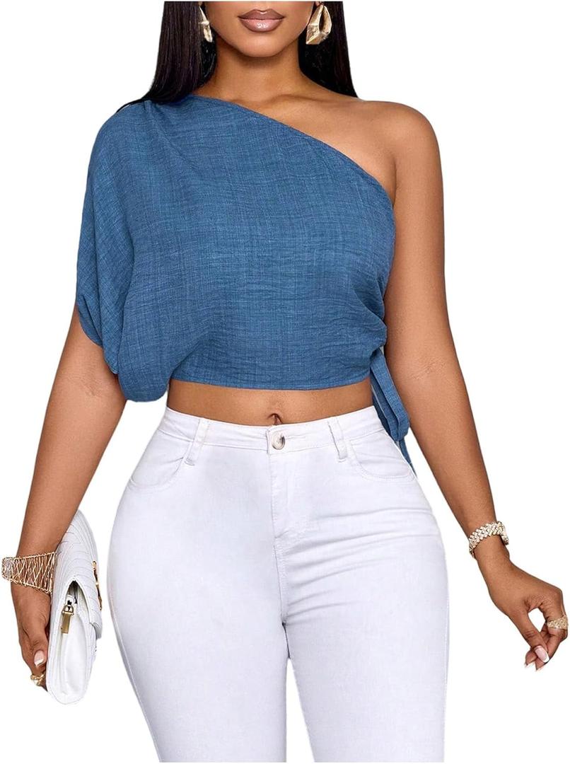 SOLY HUX Women's One Shoulder Blouse Short Sleeve Drawstring Side Casual Summer Crop Tops (Blue, L)