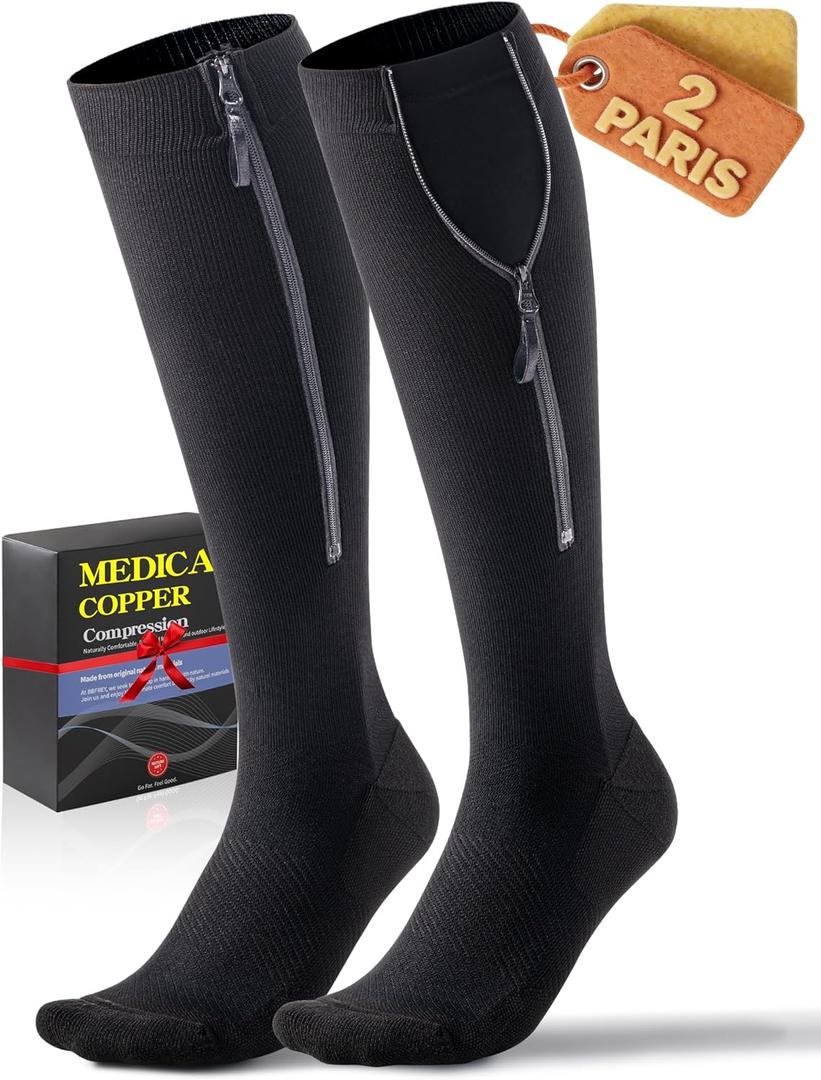 Medical Zipper Compression Socks 20-30 mmHg for Women & Men (2 Pairs) - Easy On Copper Compression Socks for Circulation, Swelling, Odor Control, Athletic, Travel, Flying (Large)
