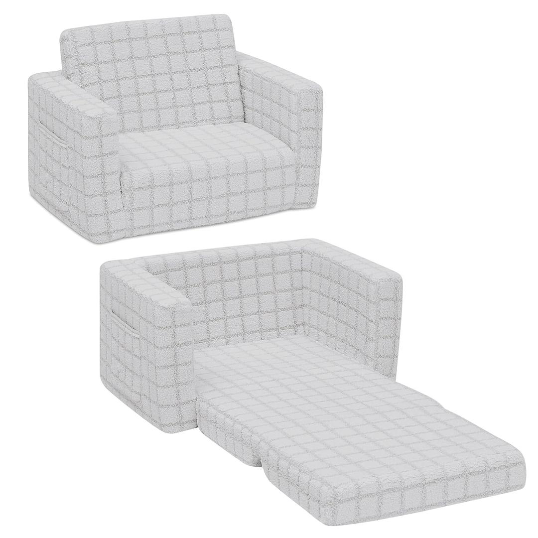 Delta Children Checkered Cozee Flip-Out Kids Chair, Snuggly Sherpa-Like Foam Convertible Armchair for Boys and Girls, Machine Washable Cover, Soft Comfy Toddler Seating for Playroom/Bedroom, Grey