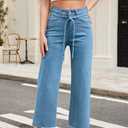 Allimy Womens Jeans High Rise Belted Wide Straight Leg Frayed Hem Jeans for Women Trendy 2025 Denim Pants (Blue)