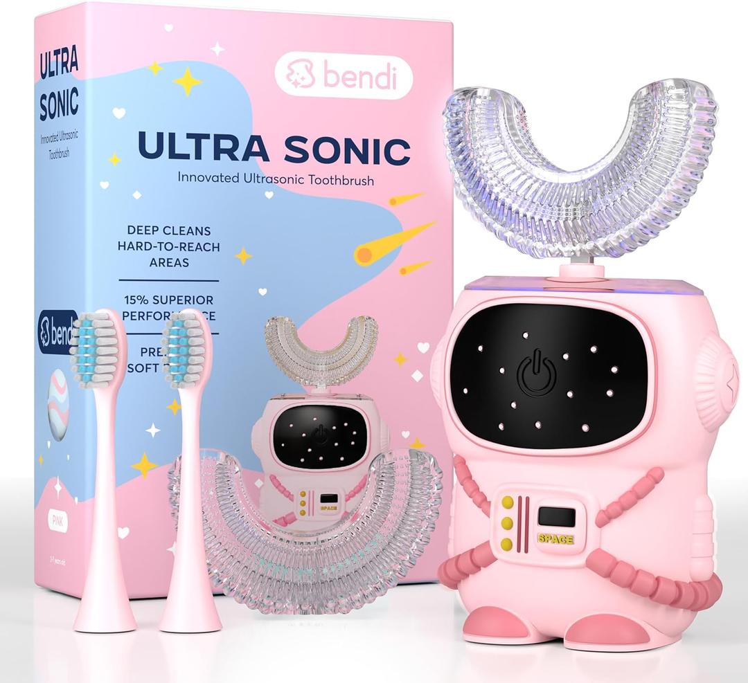 Sensory 360 Round U-Shaped Astronaut Design Mouthguard Electric Toothbrush for Kids Ages 2-7 - Automatic Memory Function - 5 Modes Toothbrush with Multiple Heads  Kids Travel Essentials (Pink)