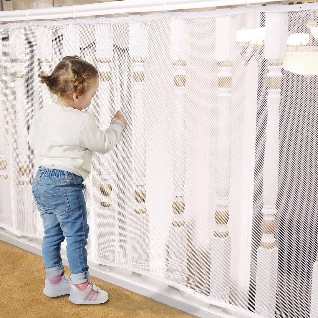 Baby Gates for Stairs with Banister, Guard Safety Net for Baby, 10ft x 3ft Stair Railing Mesh Barrier for Kids, Cats, Dogs, Child Safety Rail Guard, White