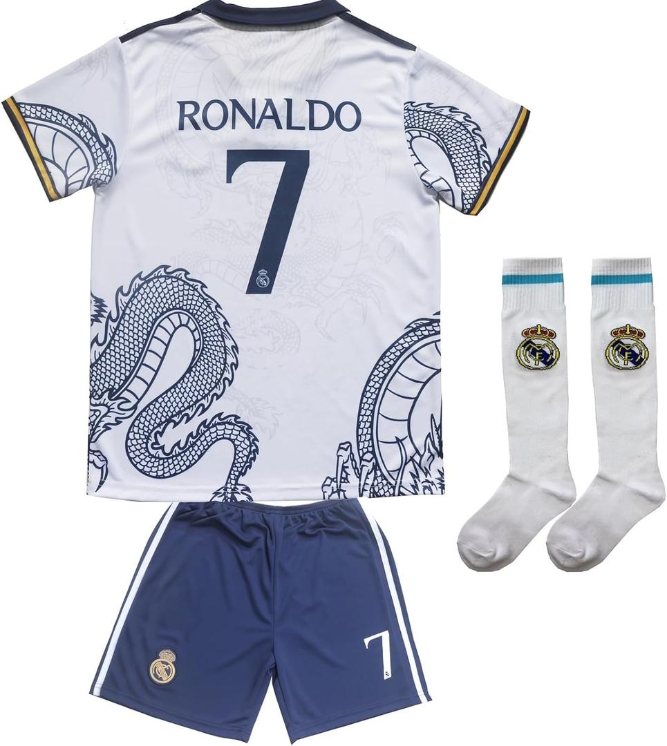 Madrid Ronaldo No #7 Special Dragon Edition Kids Soccer Jersey Kit Shorts Socks Set Youth Sizes (26, White)