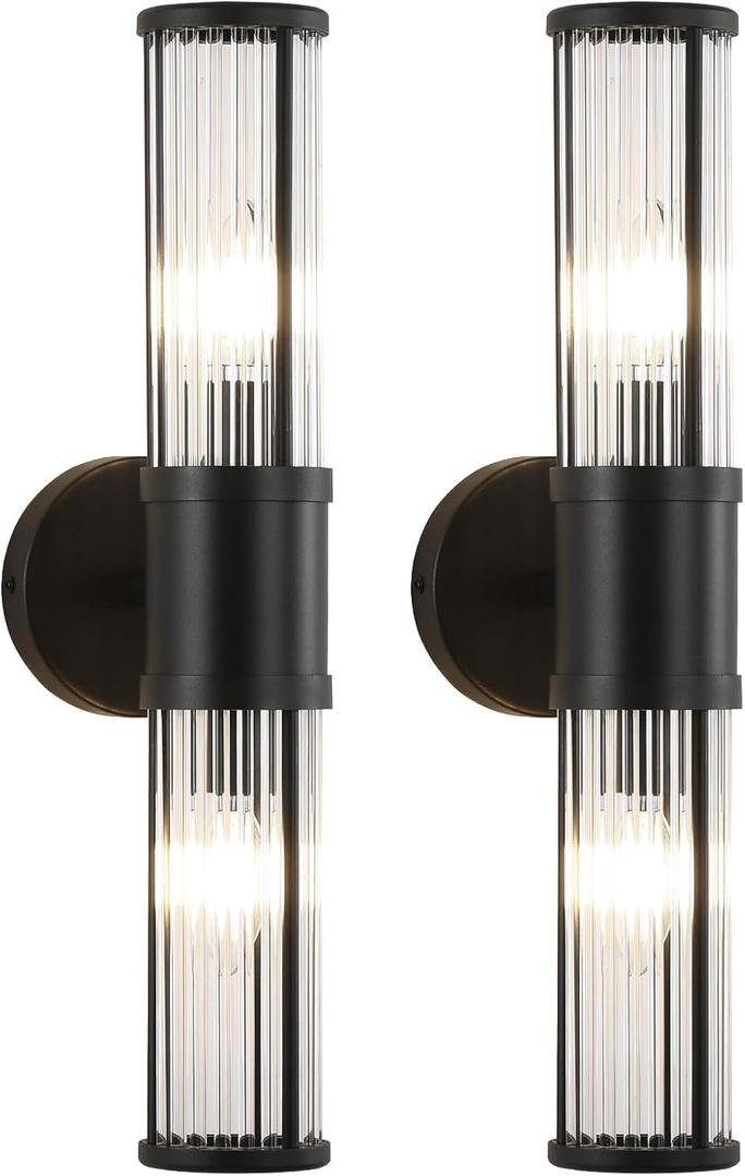 Wall Sconces Set of 2, Farmhouse Vanity Lights Fixtures for Bathroom, 2-Light Modern Bath Wall Mount Lamp with Glass Rods Shade for Hallway, Living Room, Mirror, Kitchen
