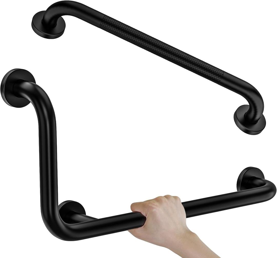 Black Angled Grab Bar 12x24 Inch, L-Shaped Grab Bar for Bathtub and Shower