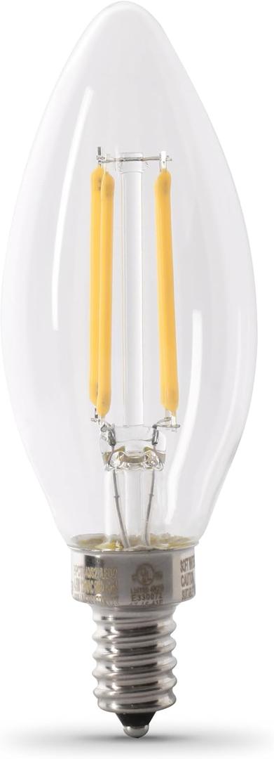 Feit Electric 60W Equivalent Candelabra LED Light Bulb, Dimmable, E12 Base, 2700K Soft White, B10 Filament Torpedo Tip Decorative Lighting Bulbs, 13-Year Lifetime, CTC60/927CA/FIL/6, 6-Pack