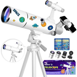 Hawkko Telescope for Adults & Kids  80mm Aperture 500mm Telescopes for Adults Astronomy, (20X-150X) Portable Refractor Telescope Kit for Beginners with Decorate Stickers, AZ Tripod, Phone Adapter (80500-White)