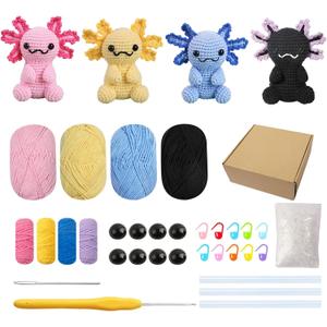 Milaflora 4Pack Axolotl Crochet Kit for Beginners Adults, DIY Crochet Animal Kit with Step-by-Step Video Tutorials, Crocheting Kits for Starters, Beginner Crochet Kit for Adults