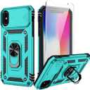 Weycolor for iPhone X Case, iPhone Xs Case with Camera Lens Cover, HD Screen Protector, 10 FT Military Grade Drop Protection, Magnetic Ring Holder Kickstand Phone Case for iPhone X/Xs (Ice Green)
