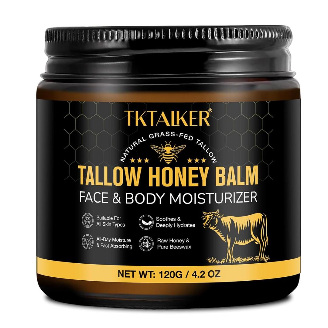 Beef Tallow for Skin, Beef Tallow for Face, Hydrating Tallow Balm with Raw Honey and Beeswax, Grass-Fed Beef Tallow & Raw Wild Honey Blend, Body & Face Moisturizer, Natural Formula, Light Scent, 120 G