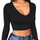 XXTAXN Women's Sexy Bodycon Basic Scoop Neck Long Sleeve Slim Solid Color Crop Top (Medium, Black)