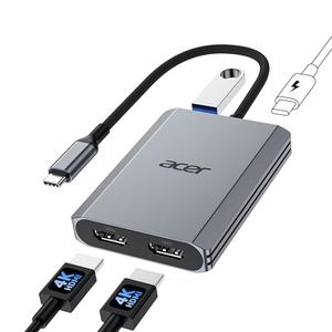 Acer 4-in-1 USB C Hub, Type C to Dual HDMI Adapter 4K60Hz, HDMI Splitter for Dual Monitors with 100W PD Port, USB 3.0, Dual Monitor Adapter Compatible with Acer, Dell XPS, HP, MacBook Neo/Air/Pro