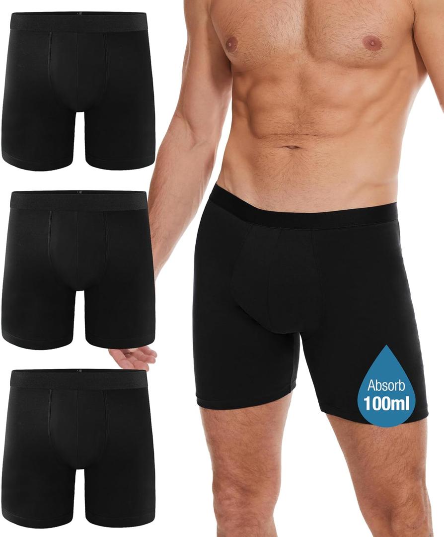 Incontinence Underwear Long Leg For Men, 100ML Absorbent Cotton Washable Leak-Proof Reusable Boxer Brief 3 Pack (Black, X-Large)