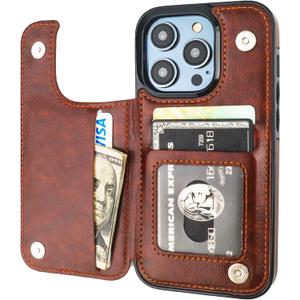 ONETOP Compatible with iPhone 14 Pro Wallet Case with Card Holder, PU Leather Kickstand Card Slots Case, Double Magnetic Clasp and Durable Shockproof Cover 6.1 Inch (Brown)