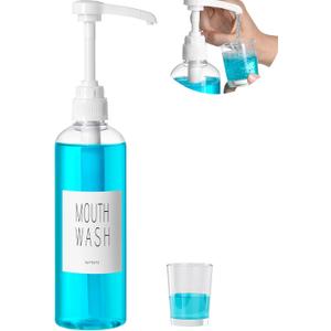 VITVITI Plastic Mouthwash Dispenser for Bathroom, 17 OZ Pump Mouth Wash Container Bottle with Cup, Clear Refillable Mouthwash Dispenser with Labels
