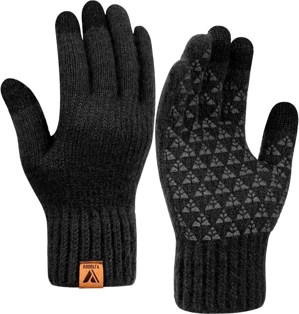 Vgogfly Winter Knit Gloves Warm Full Fingers Men Women with Upgraded Touch Screen - Anti-Slip Glove Fleece Lined (Large, Black)