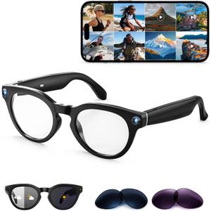 AI Smart Glasses with Camera, 2K Camera Glasses,12MP Video Recording Glasses, Real Time Translation, AI Voice Assistant,Sunglasses with 3 Pack Lenses - Photochromic Lenses,Purple and Blue Lenses