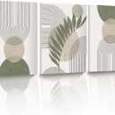 30x40CM Sage Green Boho Wall Art,Framed Canvas Bathroom Wall Art Pictures, Mid-Century Modern Wood Framed Abstract Prints for Bedroom,Minimalist Office Wall Decor 3Pack