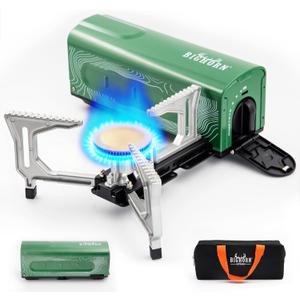 BIG HORN OUTDOORS Butane Camping Stove, Portable Folding Gas Burner with Carry Bag for Camping, Emergency Use and Outdoor Cooking (Green)