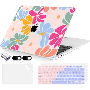 MecBevia Compatible with MacBook Air 13.3 inch Case 2021-2018 Release A2337 M1 A2179 A1932 Touch ID, Plastic Hard Shell&Keyboard Cover&Screen Protector&Webcam Cover&Type-C Adapter, ColorfulFlowers