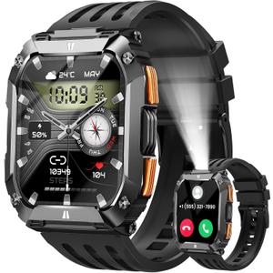 Smart Watches for Men, 1.95'' Fitness Watch: Waterproof Military Smart Watch with 100 Days Battery Life/Call/Flashlight/Sleep/SpO2/Heart Rate Monitor/Step Tracker, Sport Smartwatch for Android iPhone (Black)