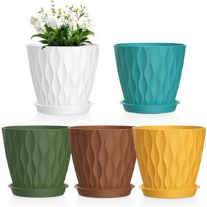 4 inch Small Plastic Nursery Pots, Seedling Pots, 5 Set Water Ripples Plant Pots for Indoor Plants, Flower Pots with Drainage Holes and Saucers, Seed Starter Pots for Succulent, Colorful (Multicolor)