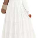 PRETTYGARDEN Women's Long Sleeve Spring Maxi Dresses 2026 Casual Smocked Trim Neck Swiss Dot Flowy Formal Wedding Guest Dress ( M , White)