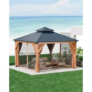 GAOMON Hardtop Spruce Wood Gazebo 10'x10', with Double Roof of Metal Sheets, 4.7'' Heavy Duty Poles, Net, and Curtain, Permanent Building for Patio, Deck, Backyard, Lawn, and Garden, Khaki