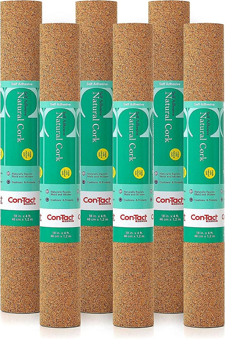 Con-Tact Brand | Self Adhesive Cork Roll 18x4 Feet - Cork Board Roll for Walls Crafts - Thin Cork Sheets with Adhesive Backing - Liner for Cabinets Shelves Drawers Furniture (6 Rolls)
