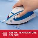 Sunbeam Hot-2-Trot Travel Steam Iron, 800 Watt Dual Voltage 120/240, Compact Size, Portable, Non-Stick Soleplate, Soft Touch Handle, Horizontal or Vertical Use, White and Blue