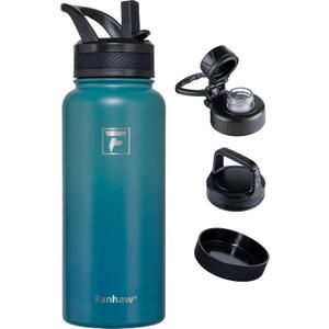 Fanhaw 32 oz Insulated Water Bottle  Portable Stainless Steel Flask with 3 Lids (Straw, Spout, Carabiner) | Leakproof, for Gym, Hiking, Work, Travel & Everyday Use (Green Blue)