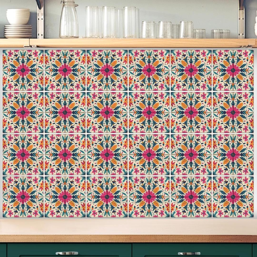 Faccito 24 Pcs Vintage Tile Stickers 4x4 Inch Watercolor Vintage Pink Flower Peel Stick Rustic Removable Self Adhesive PVC Waterproof Tile Stickers Cottage Core Decor for Kitchen Bathroom Backsplash