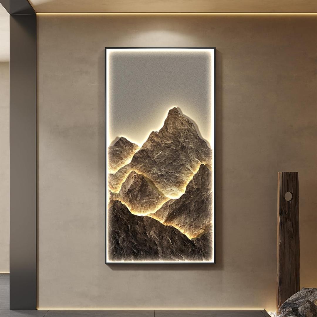 LED Lighted Mountain Wall Art for Living Room, Large Vertical Modern Minimalist Landscape Artwork for Walls, Nature Luxury Dimmable Bright Wall Decor for Hallway, Entryway, Staircase, Home Office (55.1"L x 27.6"W)