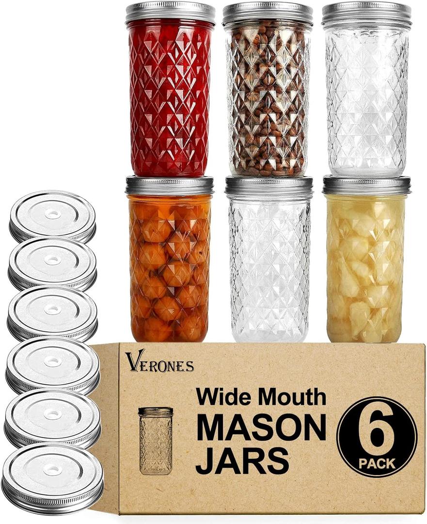VERONES Wide Mouth Mason Jars 22 oz, 22 OZ Mason Jars Canning Jars Jelly Jars With Wide Mouth Lids, Ideal for Jam, Honey, Wedding Favors, Shower Favors, 6 PACK,EXTRA 6 Lids with Straw Hole