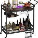 LAATOOREE Bar Cart, Two-Color Home Bar Serving Cart, Mobile Drink Beverage Cart with 2 Storage Shelves, Rolling Kitchen Cart with Wine and Glass Holder, for Dining Room, Living Room, Kitchen (Walnut + Black)