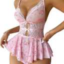 Lilosy Sexy Bows Floral Lace Mesh Babydoll Lingerie Romper (Pink, Small)