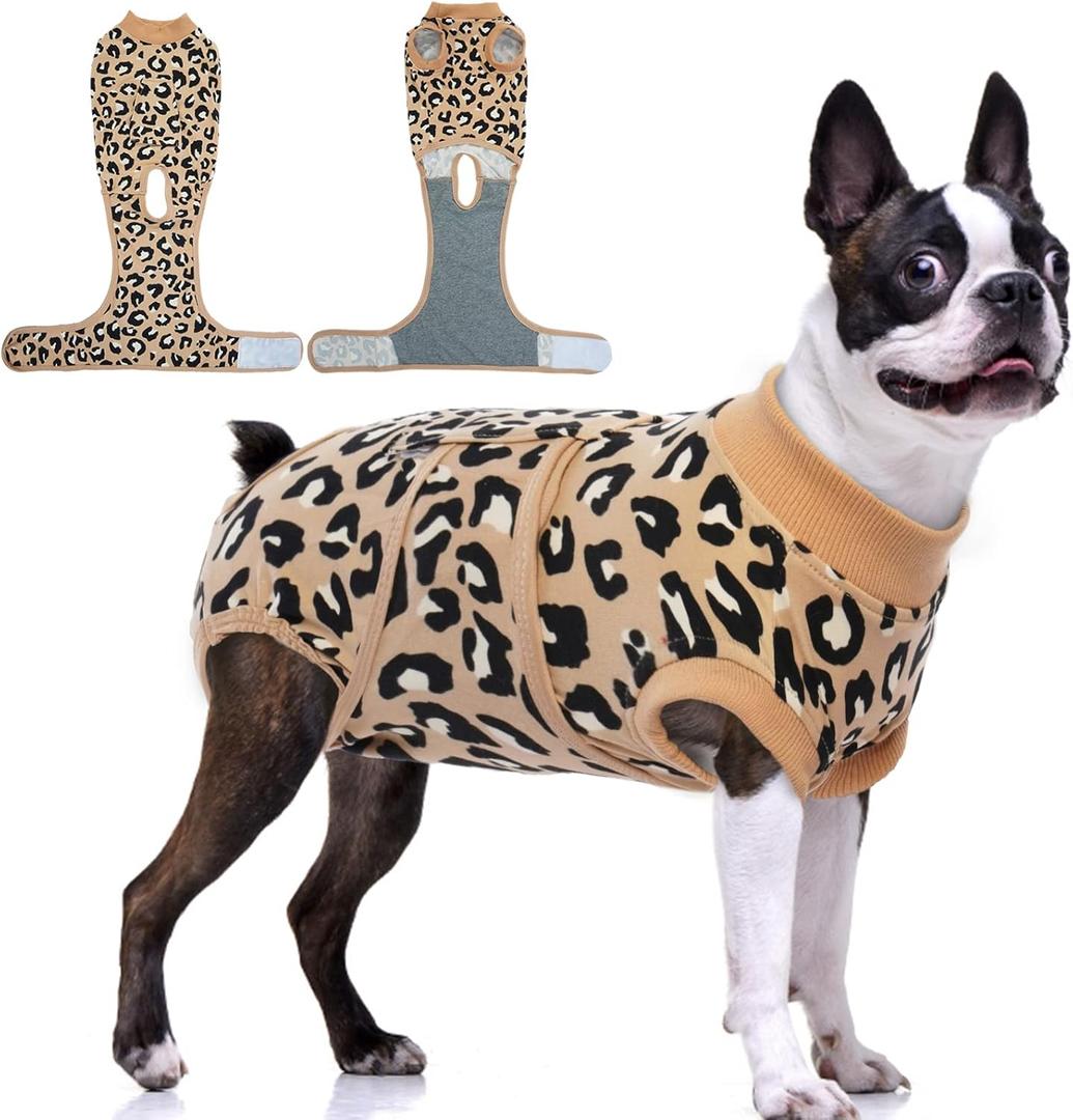 FUAMEY Recovery Suit for Dogs After Surgery,Soft Breathable Dog Bodysuit E-Collar & Cone Alternative Surgical Suit,Male Female Dog Neuter Spay Suits Anti Licking Wounds Onesie Brown Leopard M (M(Back:13.4-16.1in,WT:14-25lbs))