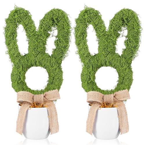 2 Pcs Easter Moss Bunny Decorations Topiary Artificial Easter Bunny Shaped Topiary Trees with Gold Bow Faux Artificial Moss Fake Green Grass Rabbit Plant Decor for Indoor Outdoor Home Porch Decor (13.39"D x 5.12"W x 3.94"H)