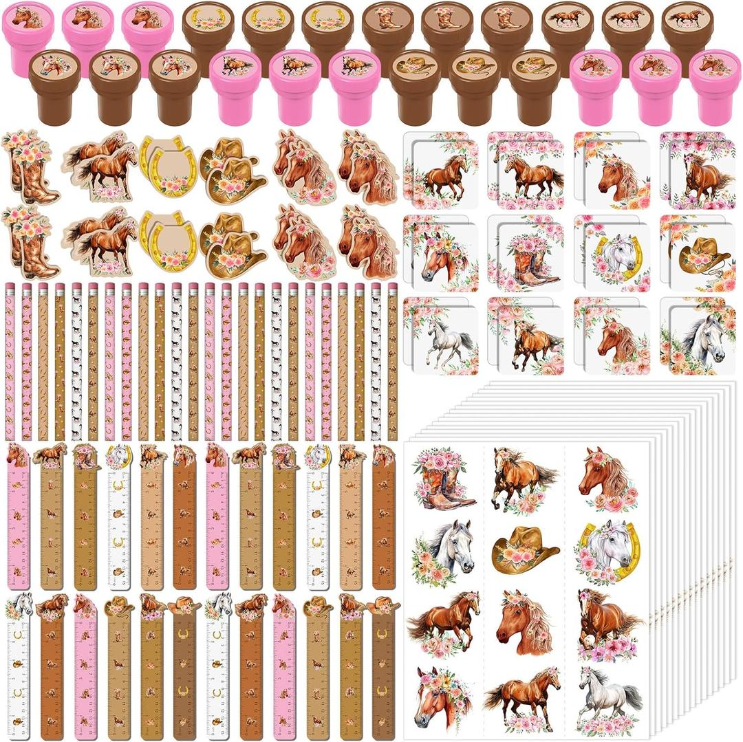 168 Pcs Cowgirl Party Favors Set Horse Pencils Notepads Stampers Rulers Erasers Stickers Bags Horse Cowgirl Theme Pink Stationery Supplies Kit for School Classroom Prizes Birthday Gift