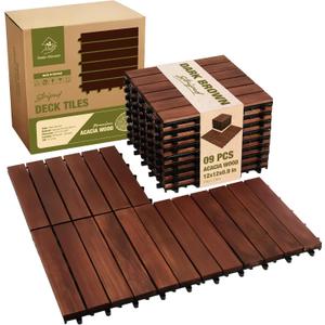 Premium Acacia Wood Interlocking Deck Tiles, 12"x12"x0.9" Outdoor Patio Flooring, Waterproof All-Weather Use, 9 PCS, Dark Brown Striped Pattern
