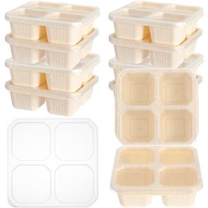 12 Pack Bento Snack Containers Set, 4 Divided Compartment Food Storage Containers, Wheat Straw Meal Prep Lunch Box,Plastic Food Storage container, Microwave and Dishwasher Safe (Beige)