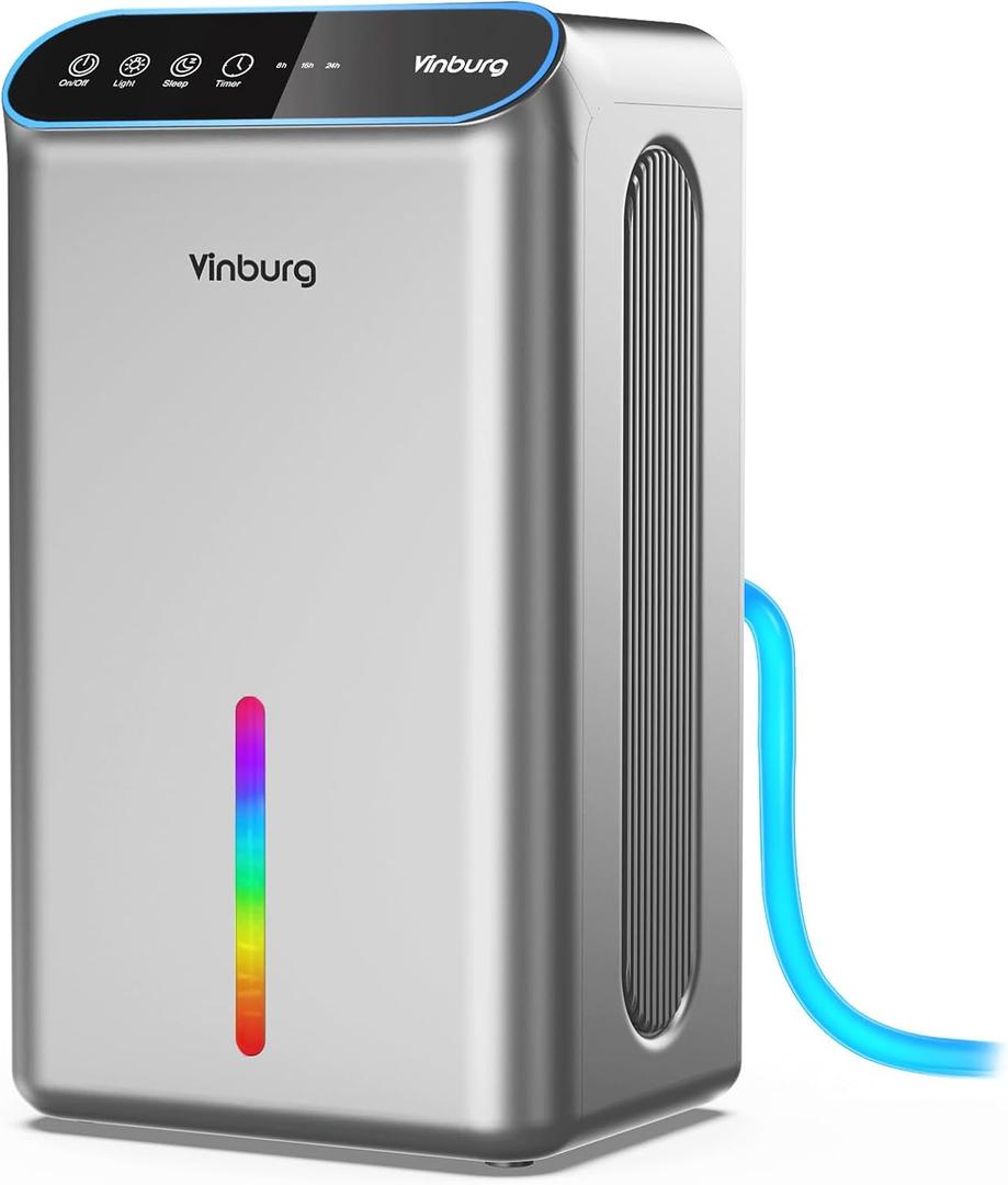 Dehumidifier for Home 1000 sq.ft - Small Quiet Dehumidifier with Auto Shut Off, Aromatherapy, 3 Gear Timer, Sleep Mode, 7-Color LED Light, Drain Hose for Bedroom, Bathroom, Basement, RV(Matte Silver)