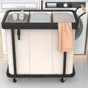 60 Gal (230L) Laundry Hamper 3 Section with Lid, Leather Patchwork Laundry Sorter with Rolling Lockable Wheels and Handle, Laundry Basket Organizer for Laundry Room, Bedroom and Bathroom - Beige