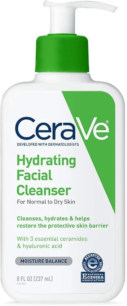 CeraVe Hydrating Facial Cleanser, Moisturizing Face Wash For Dry Skin, Hyaluronic Acid + Ceramides + Glycerin, Hydrating Cleanser For Normal To Dry Skin, National Eczema Association Certified