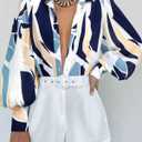 BTFBM Summer Blouses for Women Dressy Casual 2026 Long Sleeve Button Down Shirt V Neck Boho Spring Tops Fashion Clothing (Blue, S)