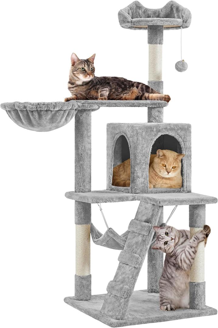 Yaheetech Cat Tree Tower Kitten Condo Scratching Post with Hammock Basket 54in (Light Gray)