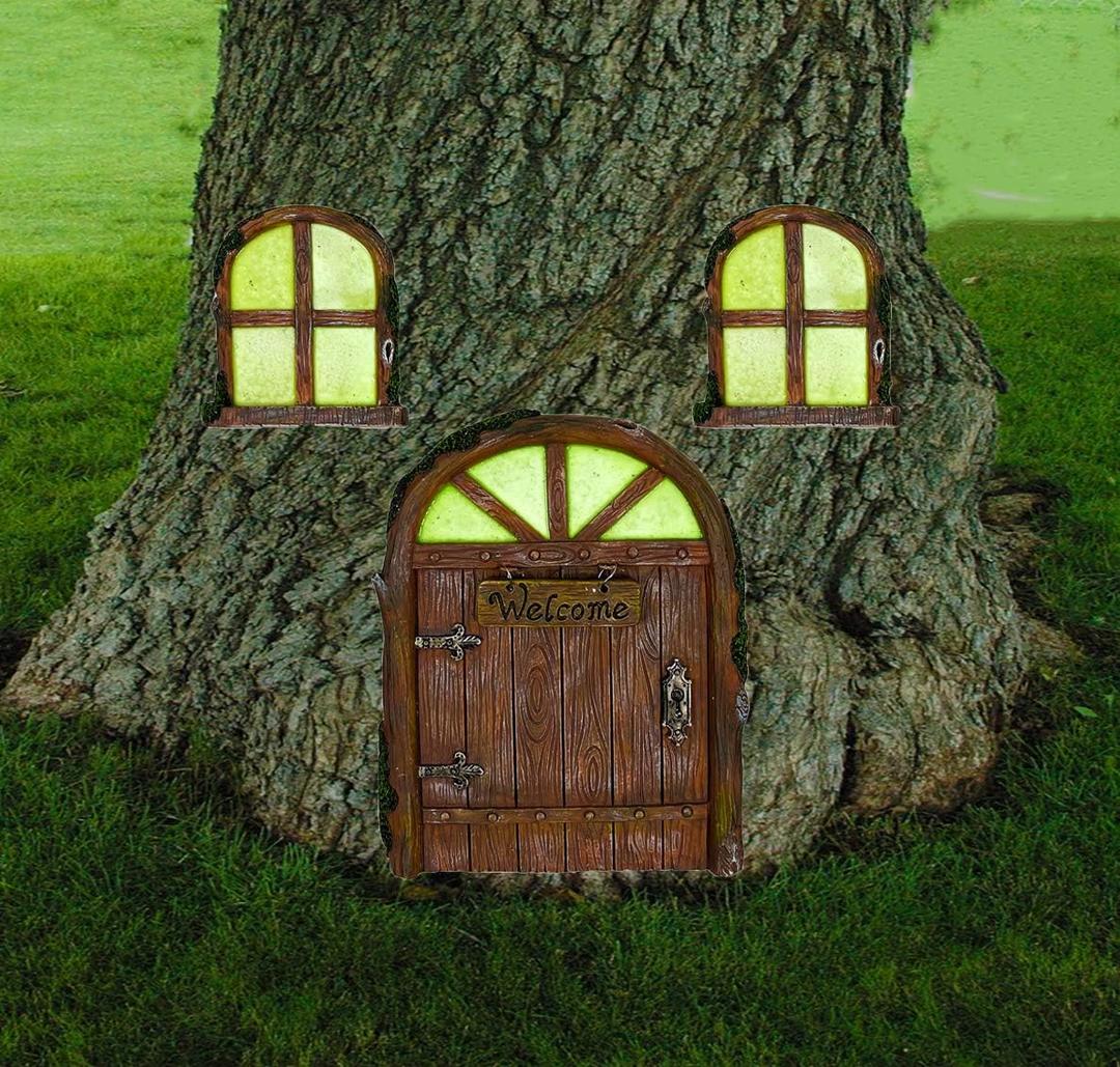 ALLADINBOX Miniature Fairy Gnome Home Window and Door with Welcome Sign for Trees Decoration, Glow in Dark Fairies Sleeping Door and Windows, Yard Art Garden Sculpture Lawn Ornament Halloween Decor