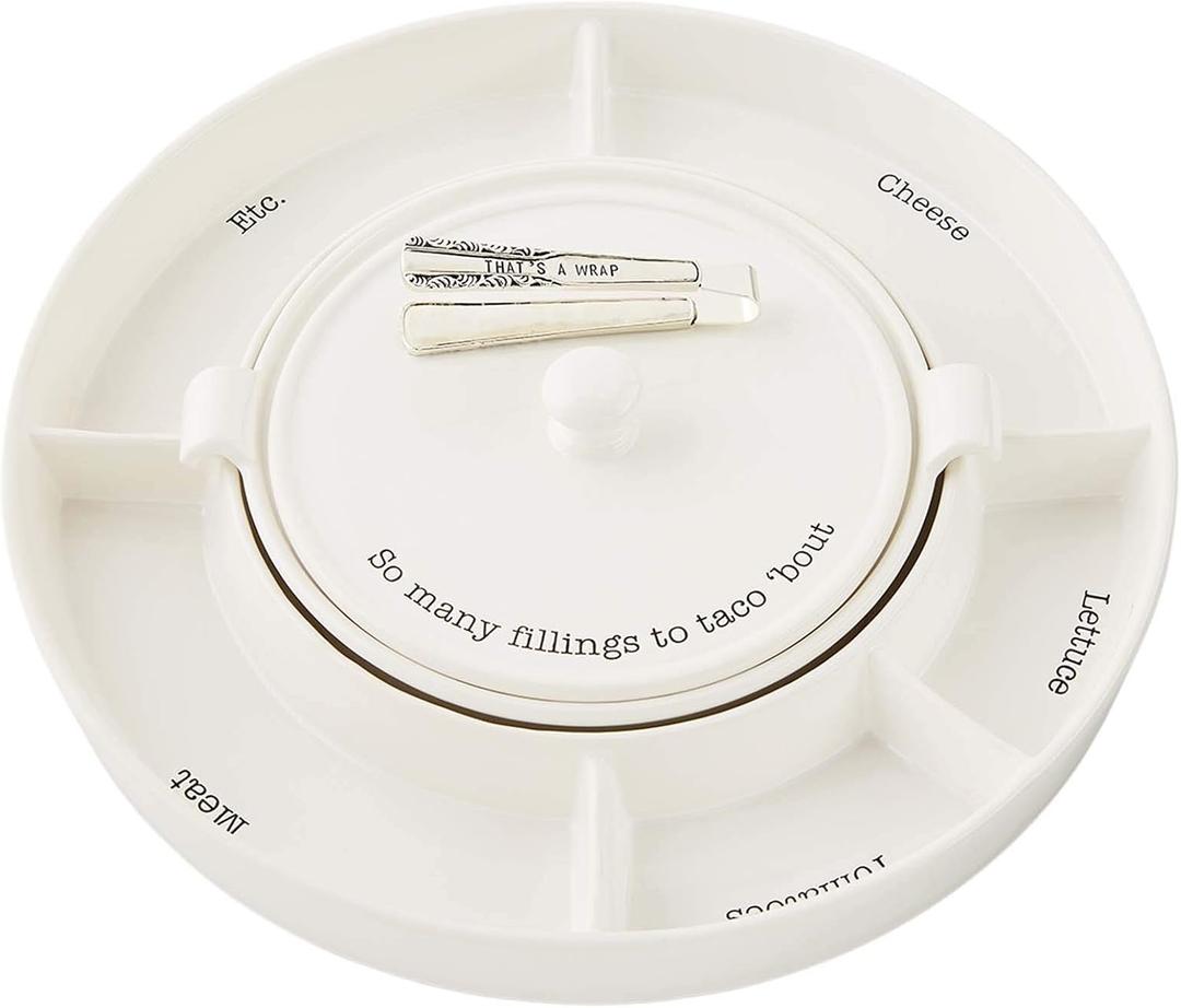 Mud Pie Taco Bar And Tortilla Warmer, 2" x 15" dia | tongs 7", White