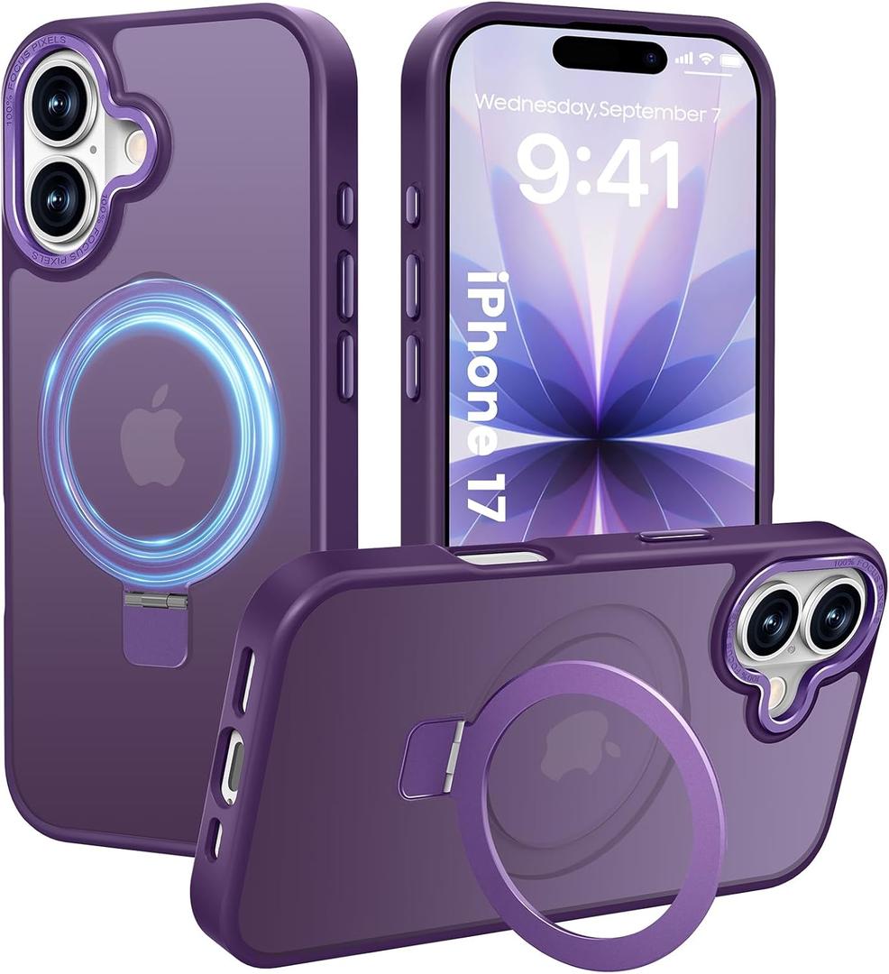 Compatible with iPhone 17 Case with Magnetic Ring Stand, Military Drop Protection, Anti-Scratch/Anti-Fingerprint Translucent Matte iPhone Case for iPhone 17 (Purple)
